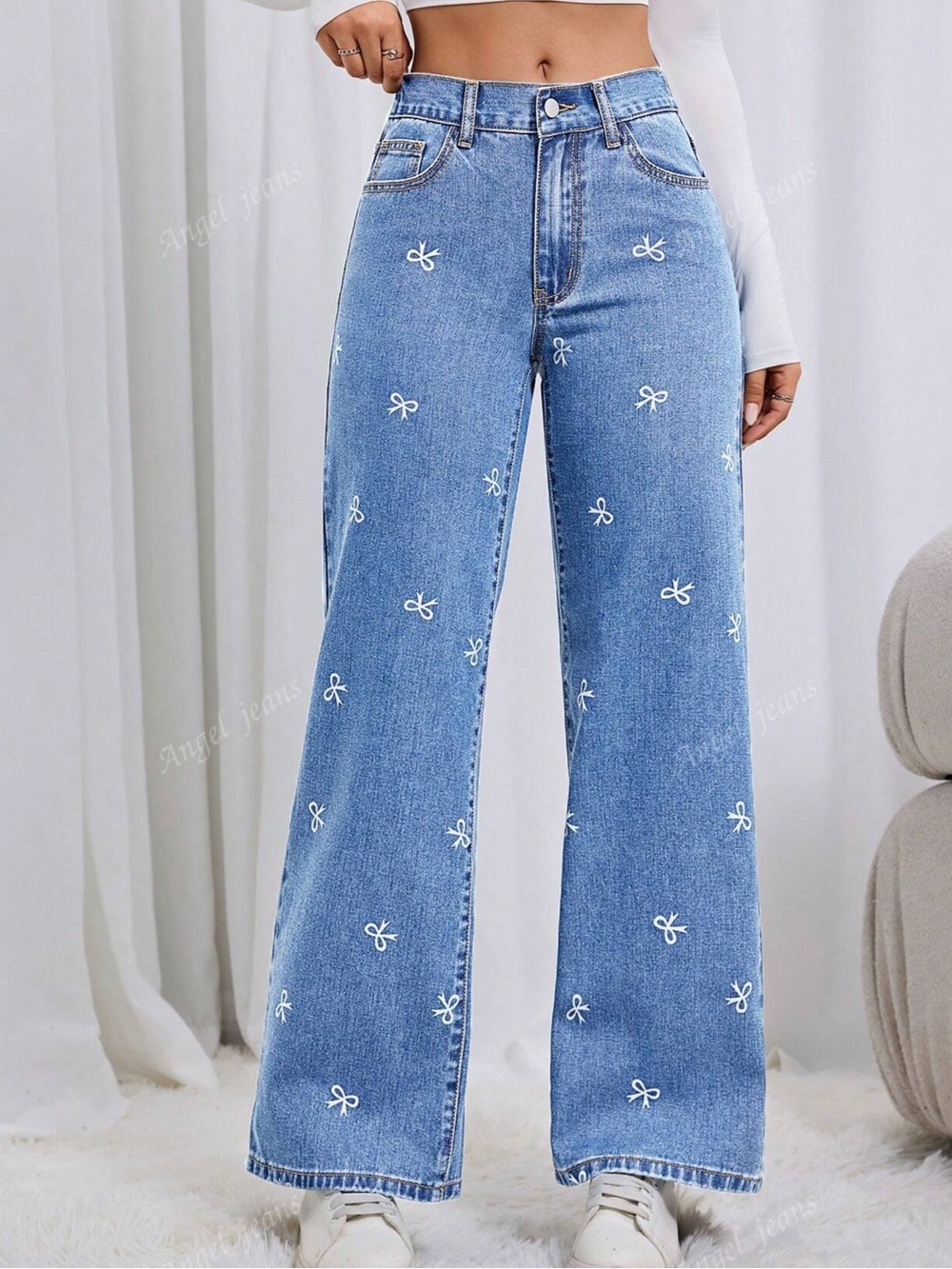 Wide Leg Mid Rise Cute Bow Printed Elastic Waistband Blue Jeans